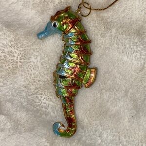 CLOISONNÉ ARTICULATED SEAHORSE Christmas Ornament Blue Brown Green Gold